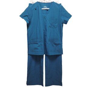 Floral Hue Womens Blue Scrub Set V-Neck Short Sleeve Top Drawstring Pants Size S